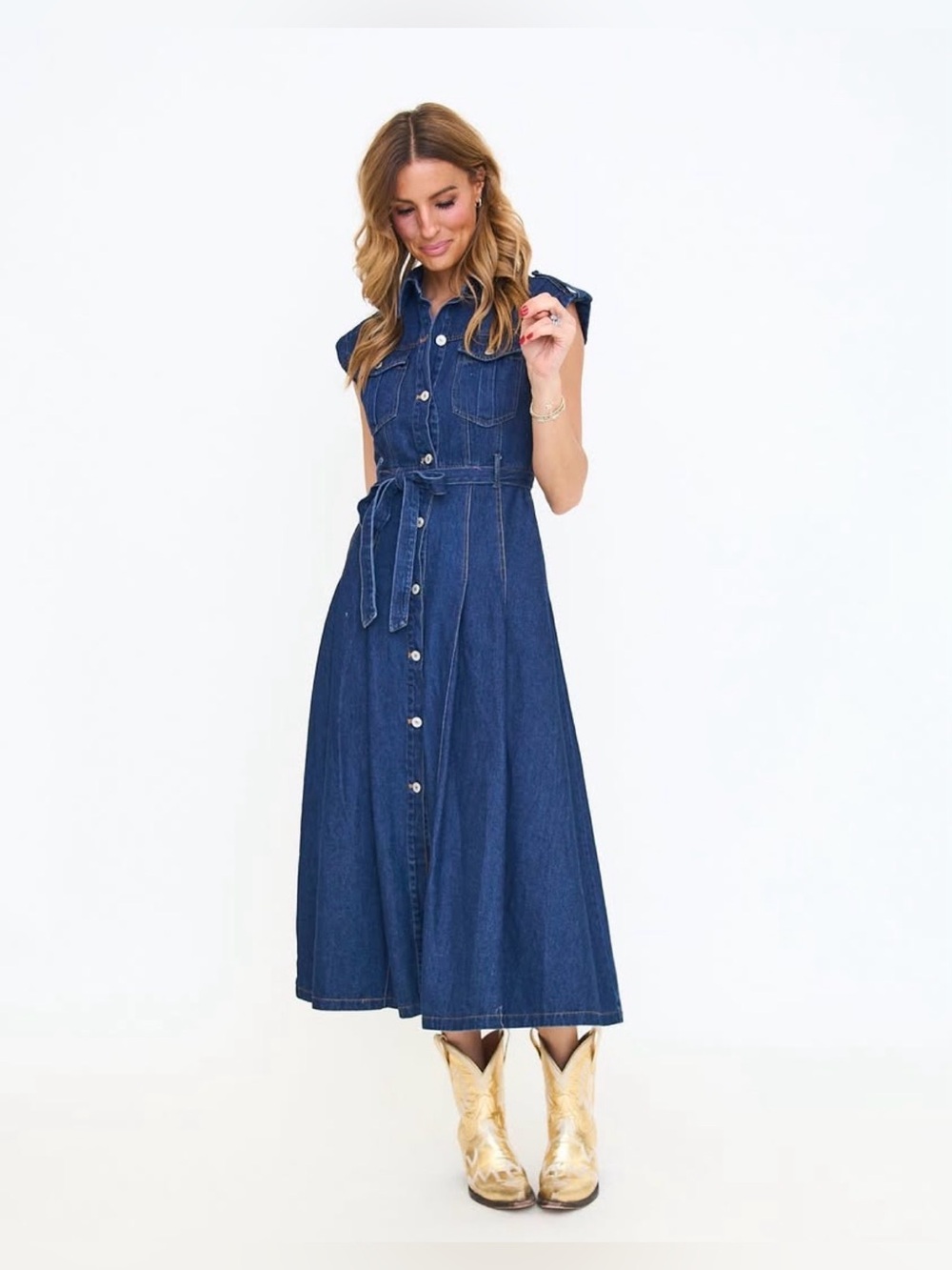 Klesis Belted Denim Short Sleeve Button Front Midi Dress, Size Small